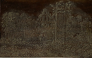 Ruins of the Abbey of Rijnsburg from the South, Large Version, Hercules Segers (Dutch, ca. 1590–ca. 1638), Line etching printed with tone and highlights in yellow-white, on a dark brown ground